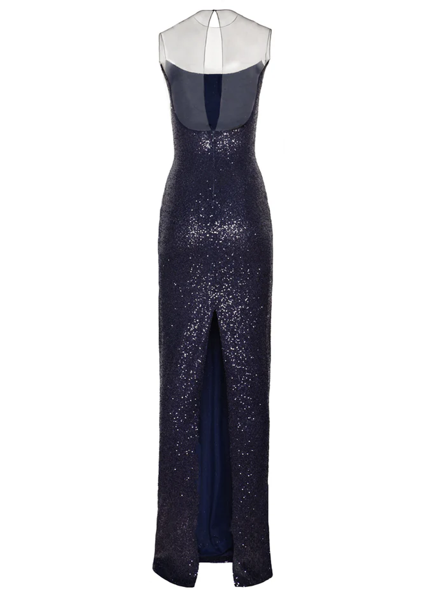 Stretch Sequin Illusion Neckline Column Gown