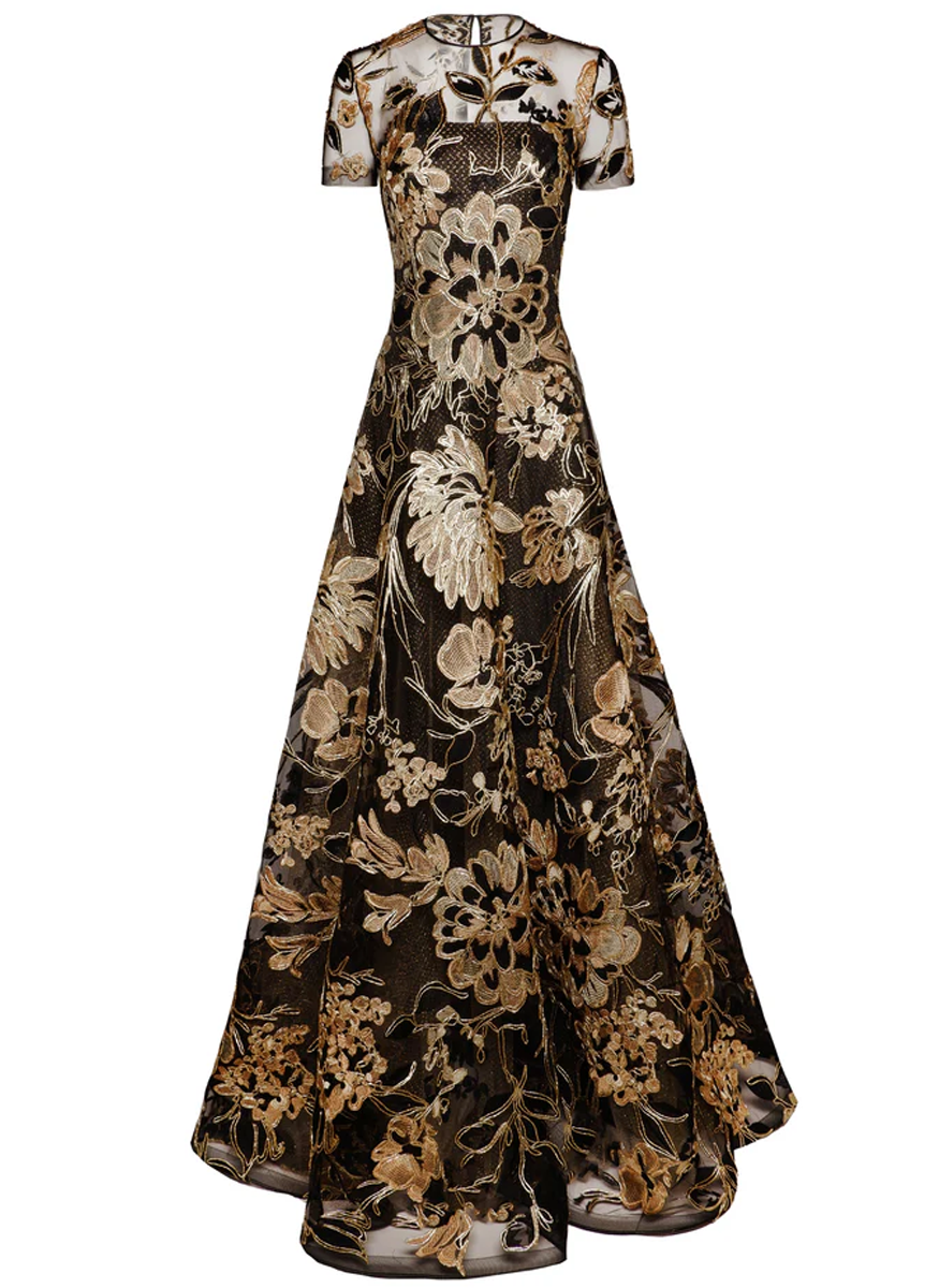 Metallic Raffia Jewel Neck Short Sleeve Gown