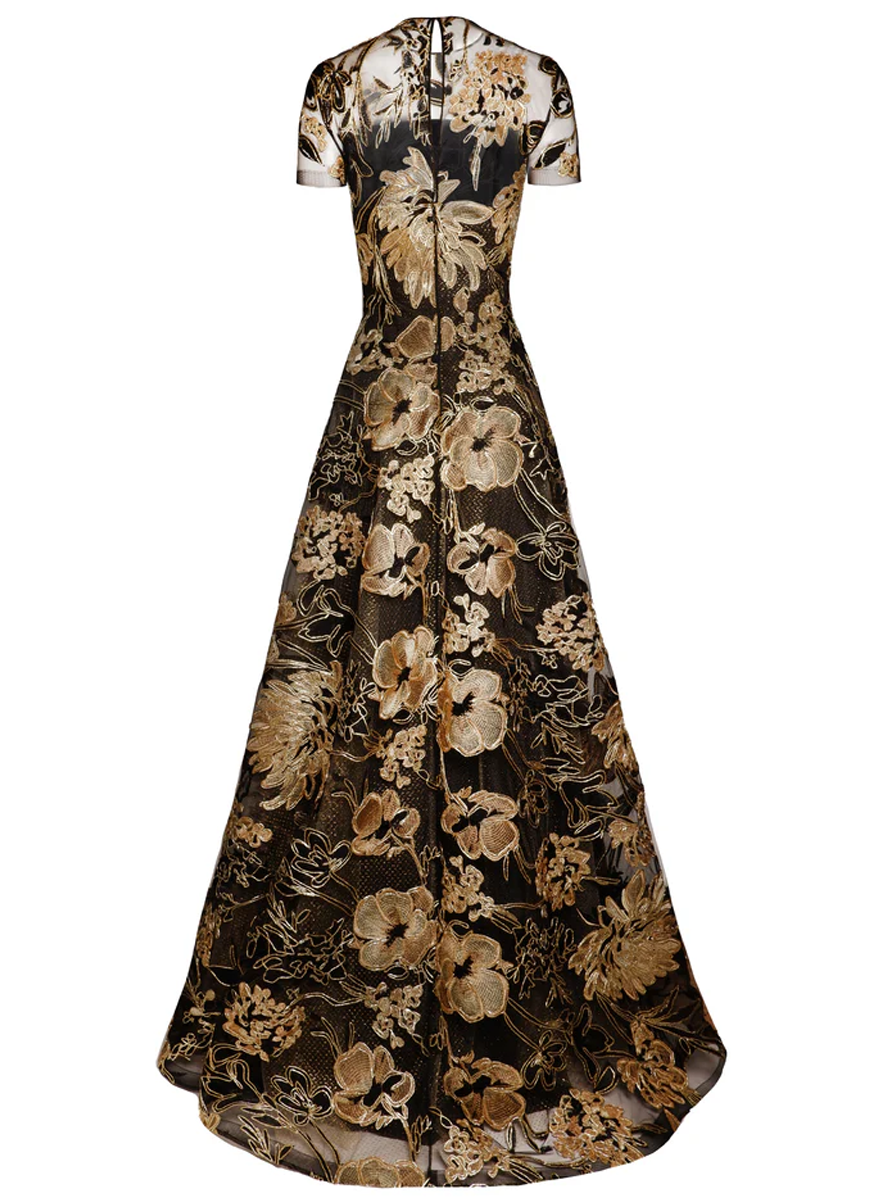 Metallic Raffia Jewel Neck Short Sleeve Gown