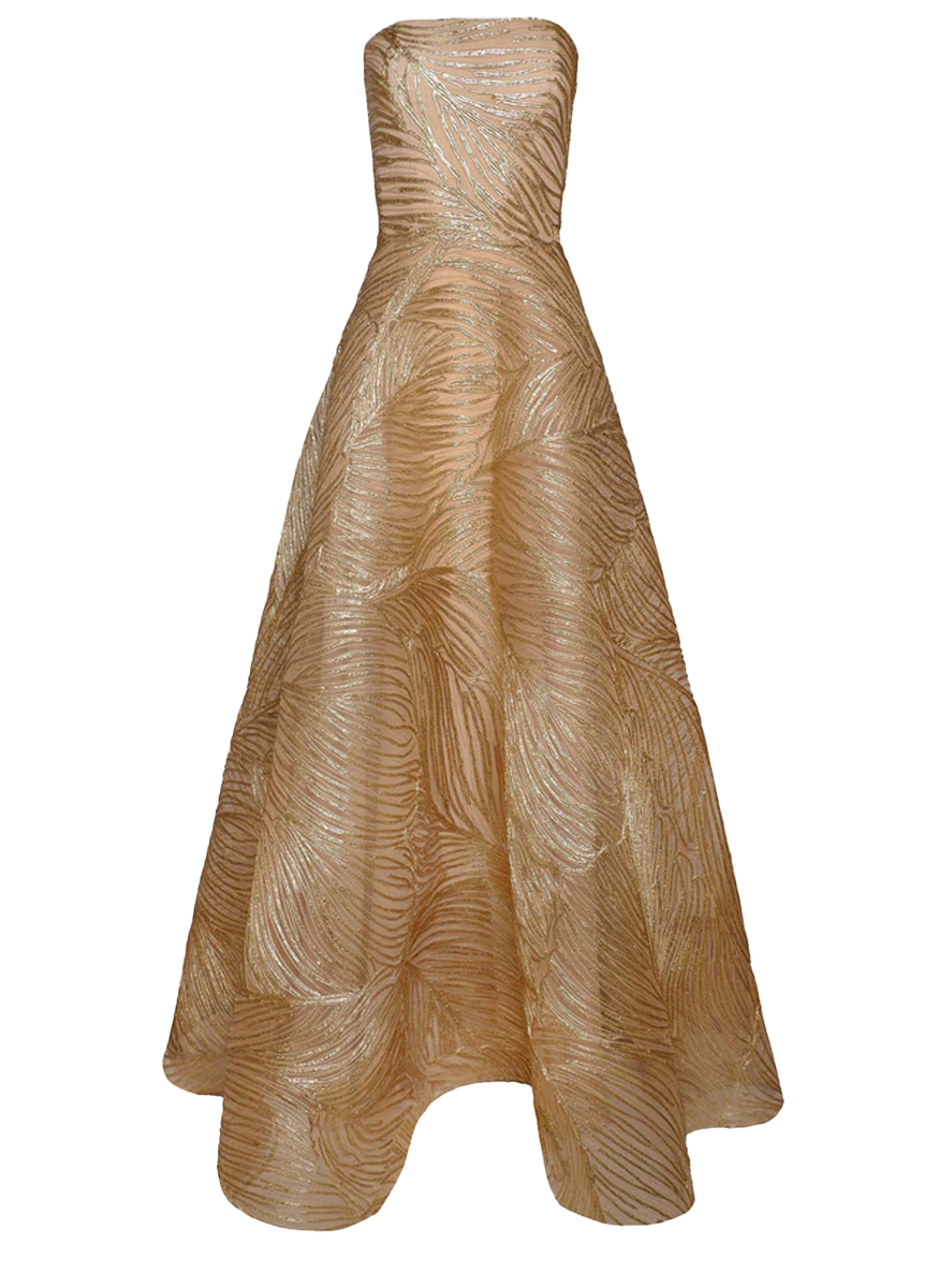 Metallic Raffia Strapless Full Skirt Gown
