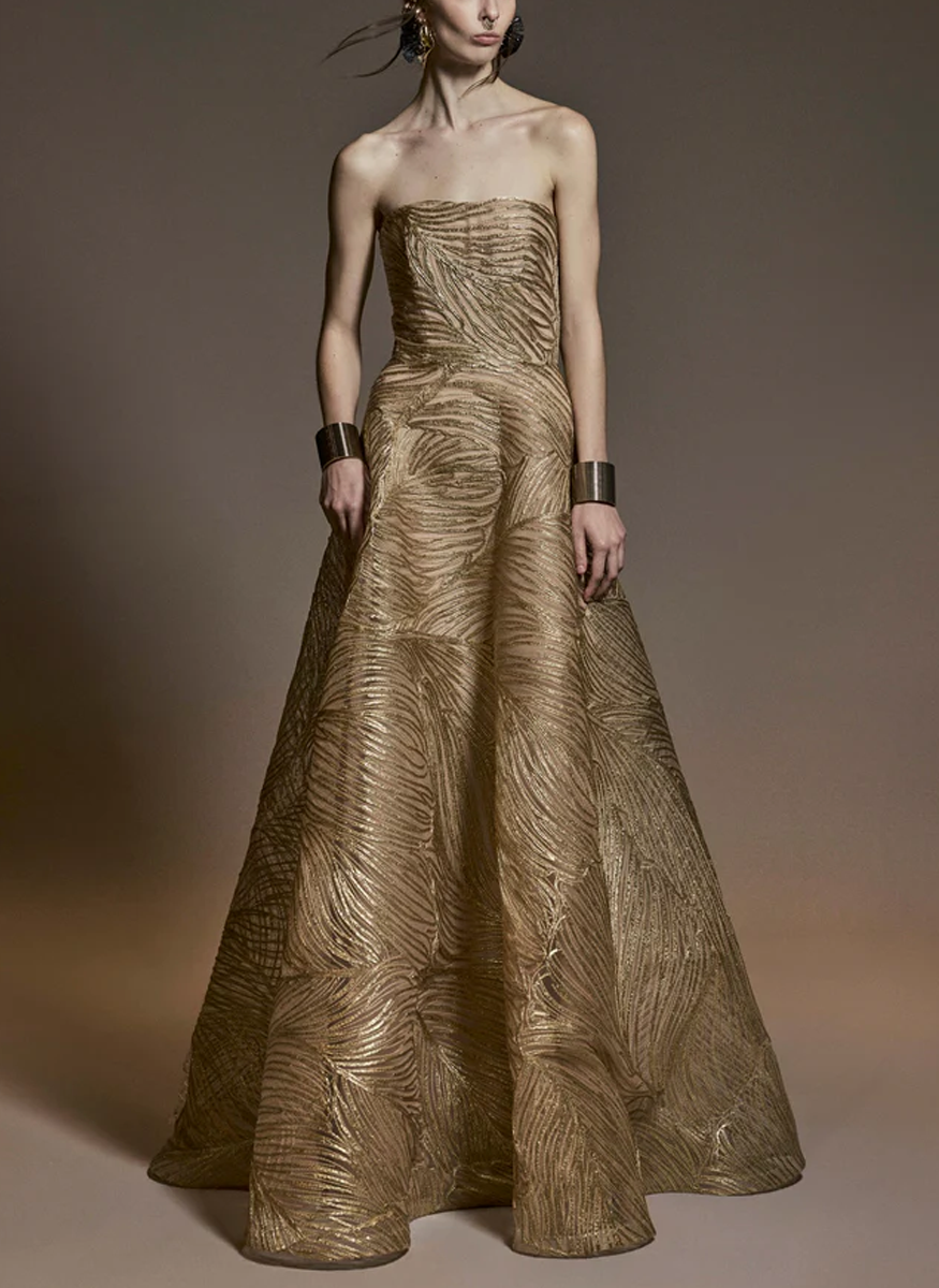 Metallic Raffia Strapless Full Skirt Gown