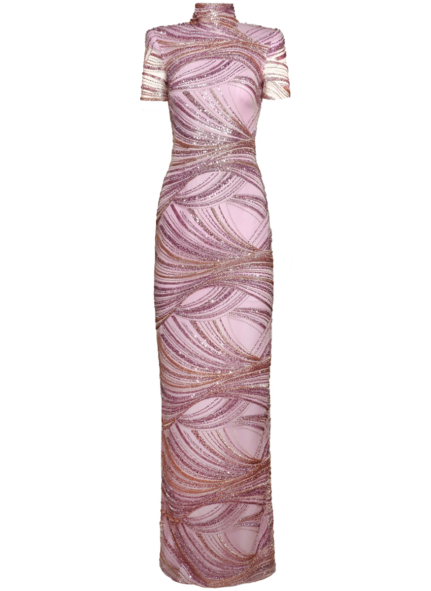 Embroidered Short Sleeve Column Gown