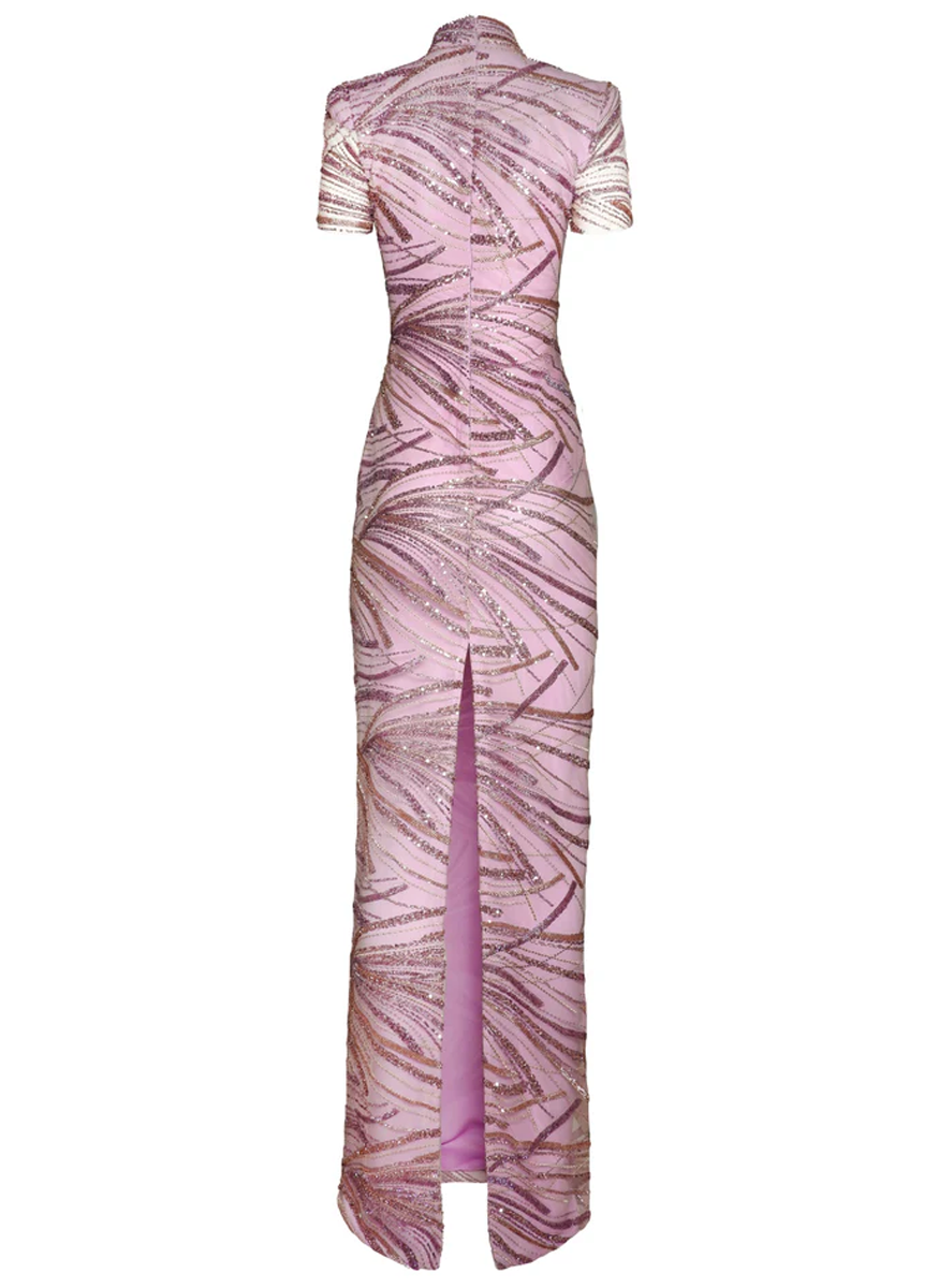 Embroidered Short Sleeve Column Gown