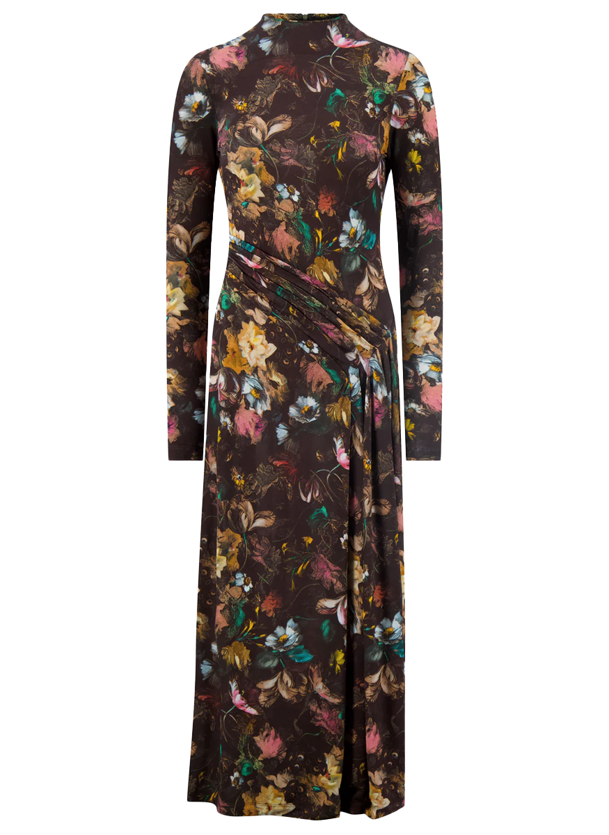 Floral Printed Jersey Long Sleeve Draped Front Dress