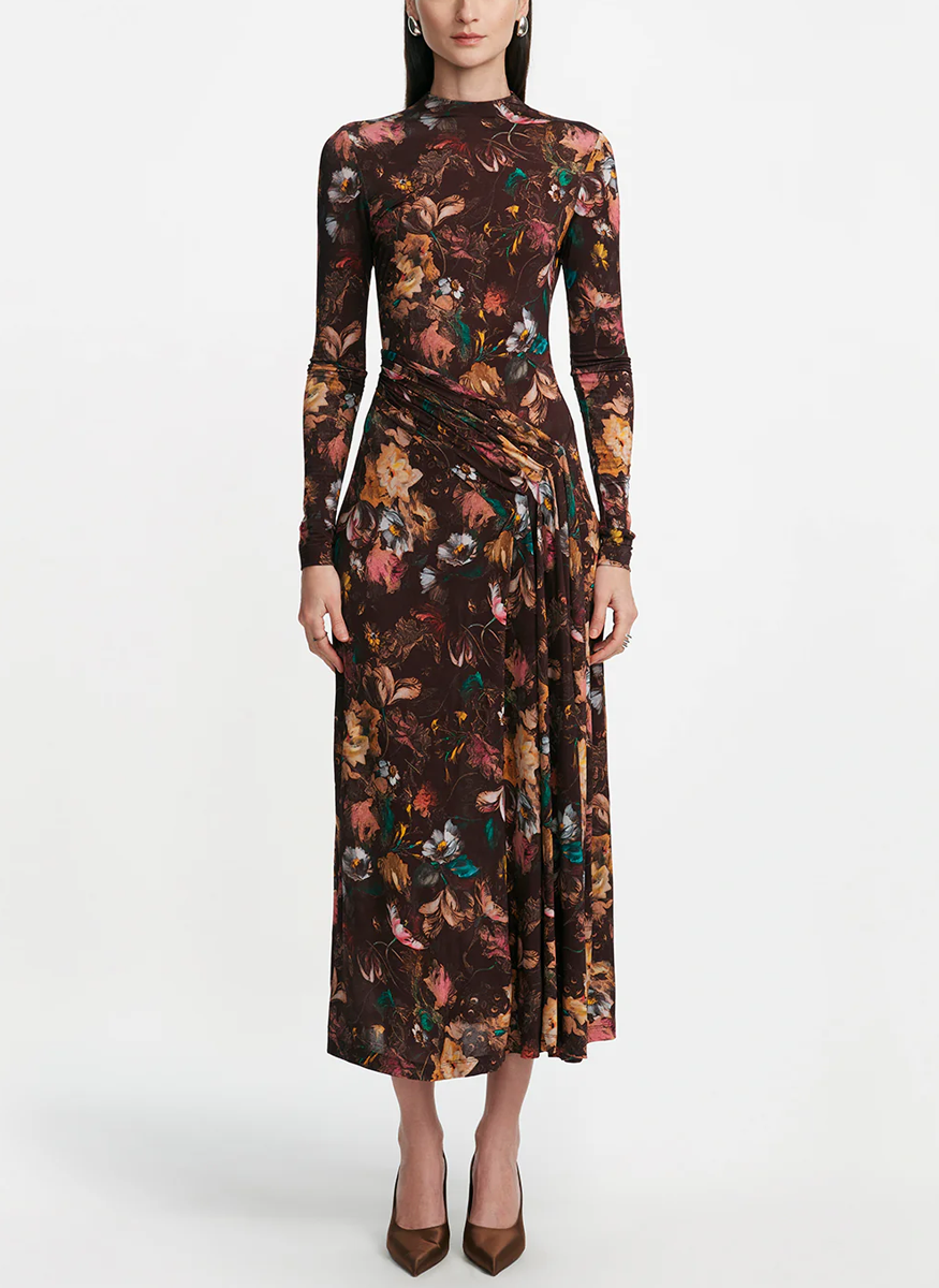 Floral Printed Jersey Long Sleeve Draped Front Dress