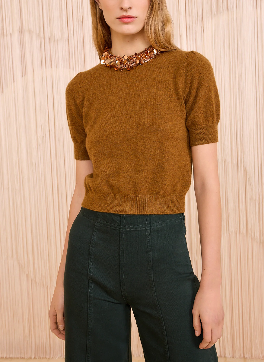 Liv Embroidered Cashmere Short Sleeve Knit