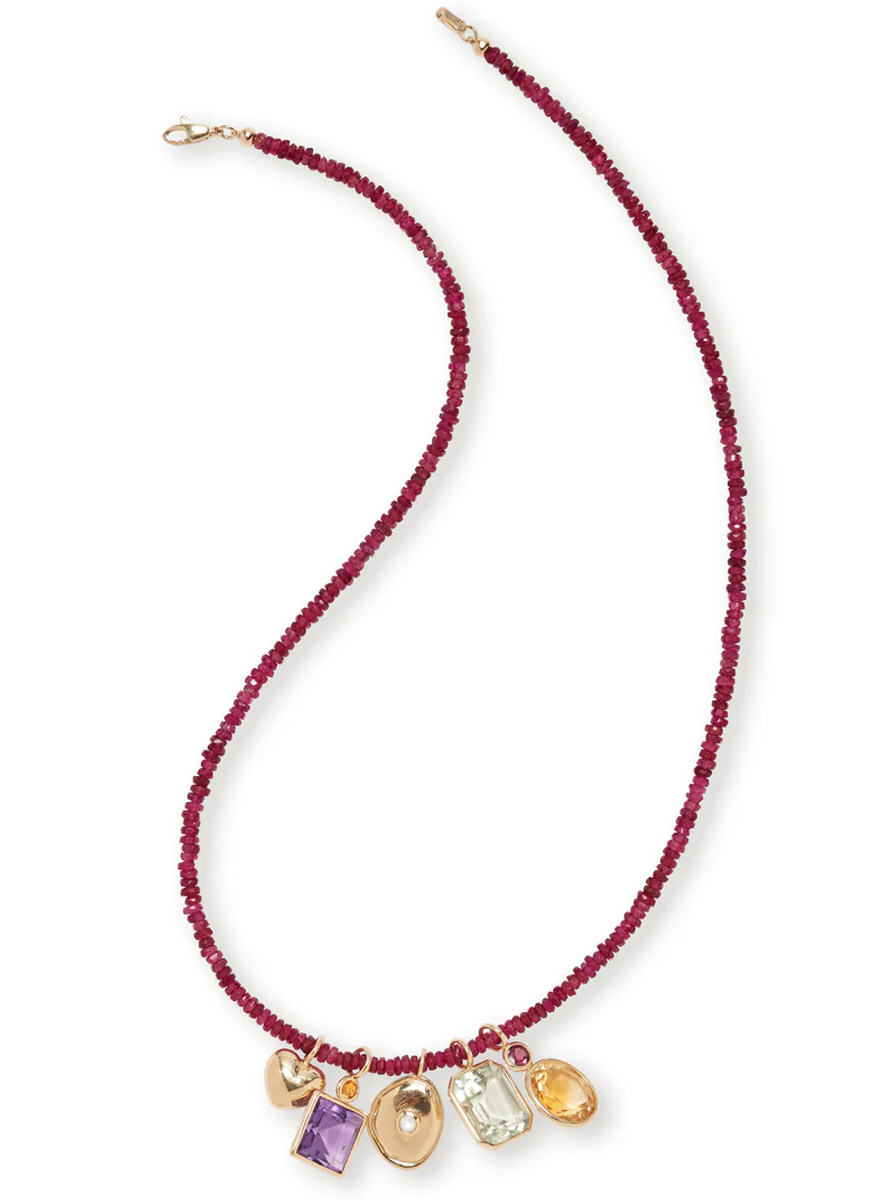 Tiny Bead Ruby Necklace, 14K Gold