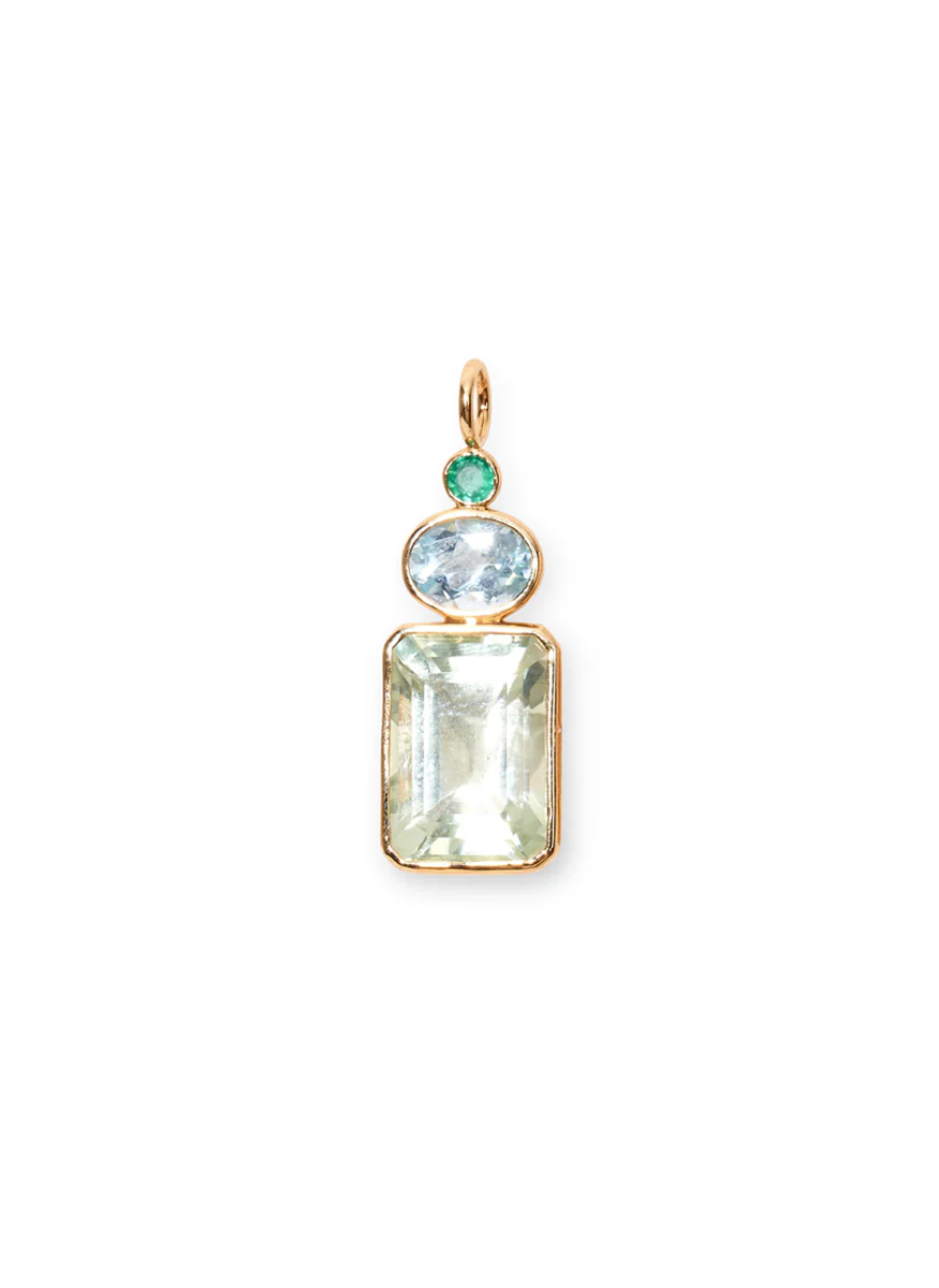 Emerald, Blue Topaz and Green Amethyst Necklace Charm, 14K Gold