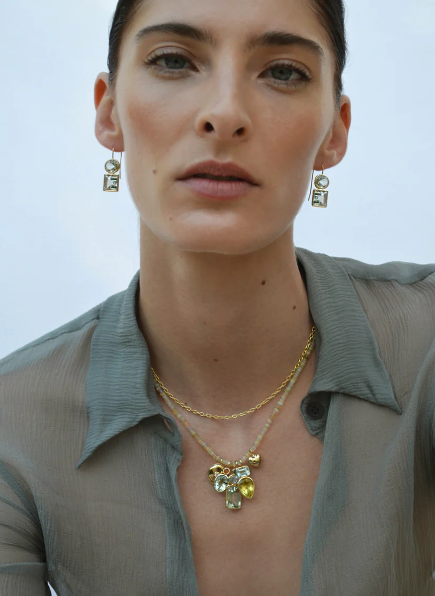 Emerald, Blue Topaz and Green Amethyst Necklace Charm, 14K Gold