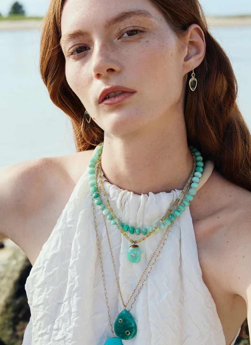 Chrysoprase and Aquamarine Necklace, 14K Gold