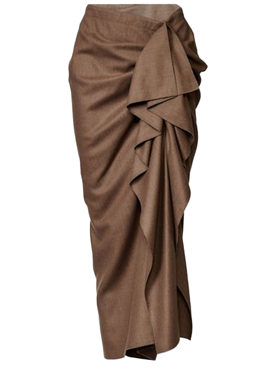 Slubbed Pinstripe Draped Midi Skirt