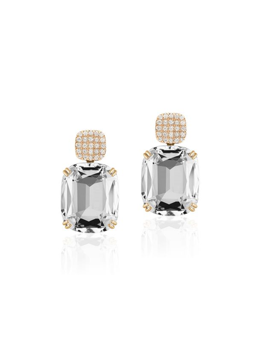 Gossip Cushion Rock Crystal Earrings, Yellow Gold