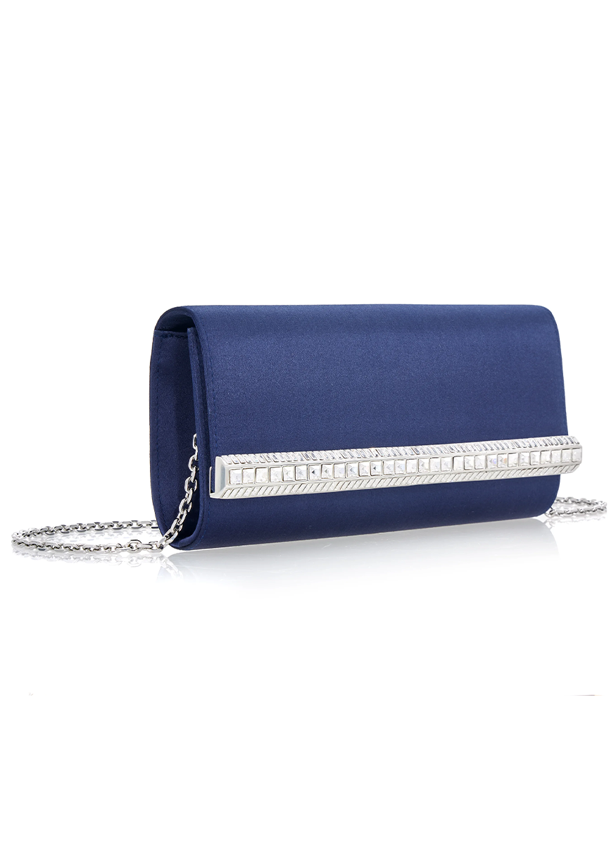 Perry Satin Clutch in Navy with Chain - Judith Leiber Couture