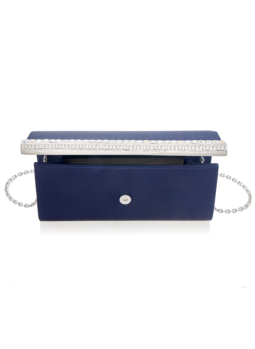 Perry Satin Clutch in Navy with Chain - Judith Leiber Couture