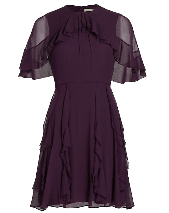 Short Sleeve Chiffon Dress with Cape & Ruff