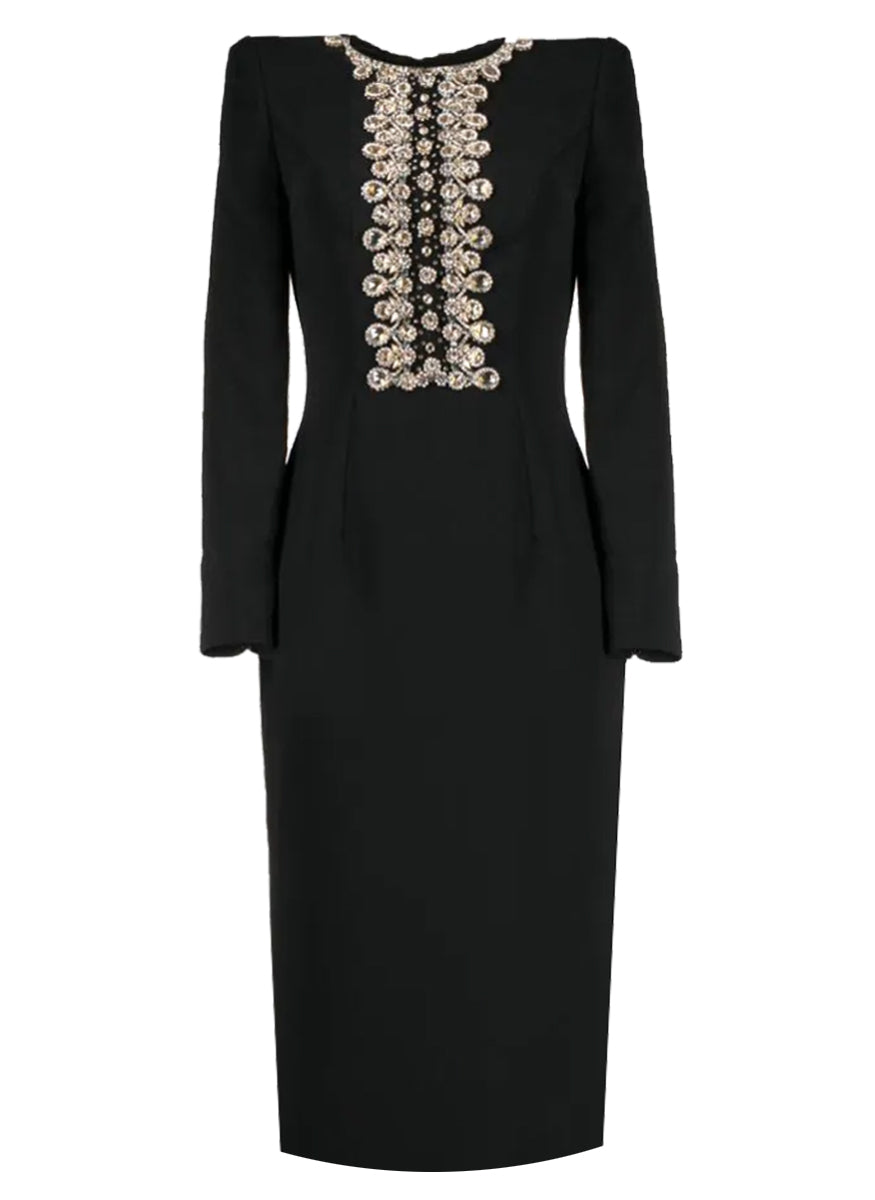 Juno Cocktail Dress with Jewels in Black Crepe