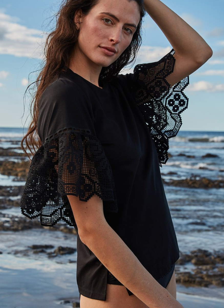 Amanda Lace Sleeve Top in Black