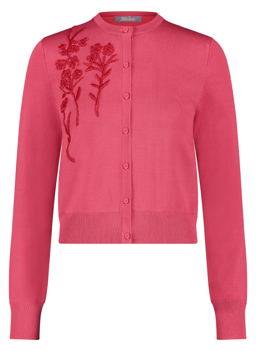 Long Sleeve Cardigan with Raffia Flower Embroidery in Berry