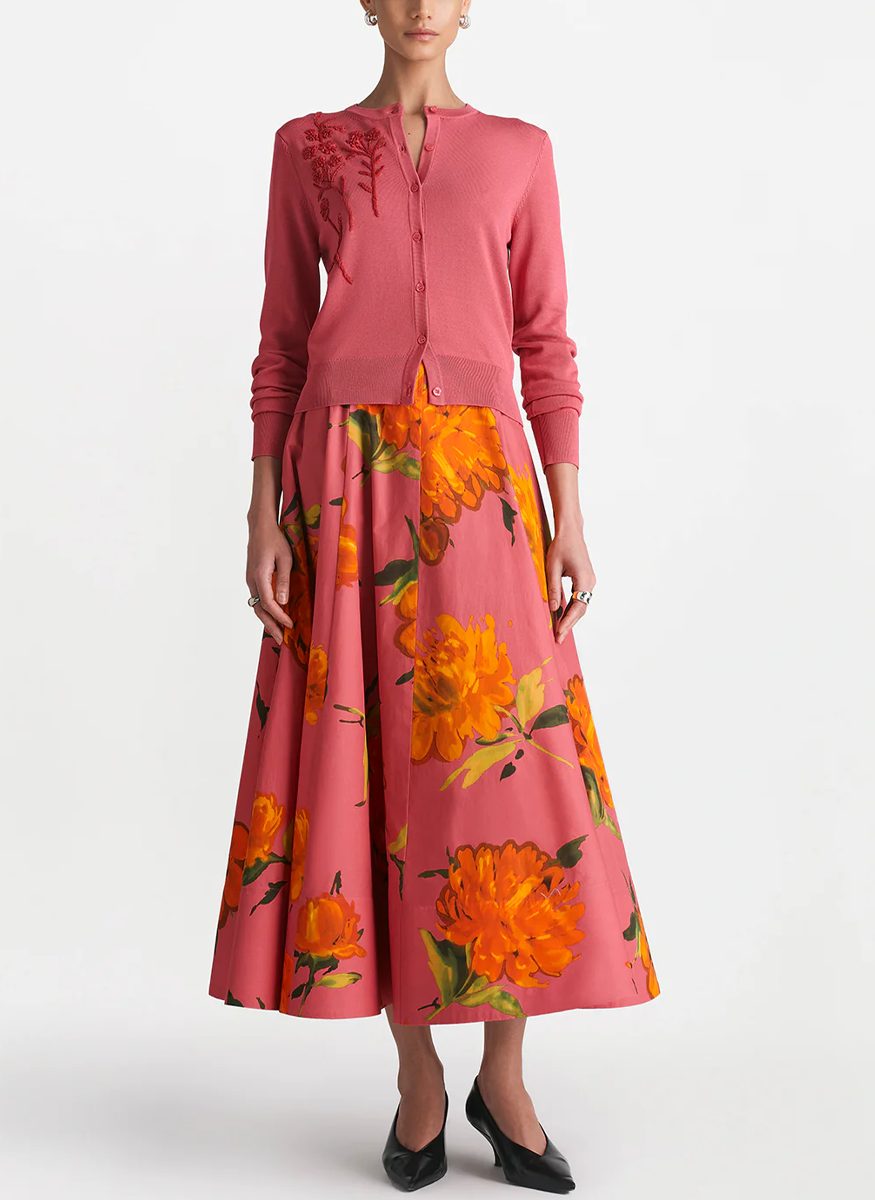 Long Sleeve Cardigan with Raffia Flower Embroidery in Berry