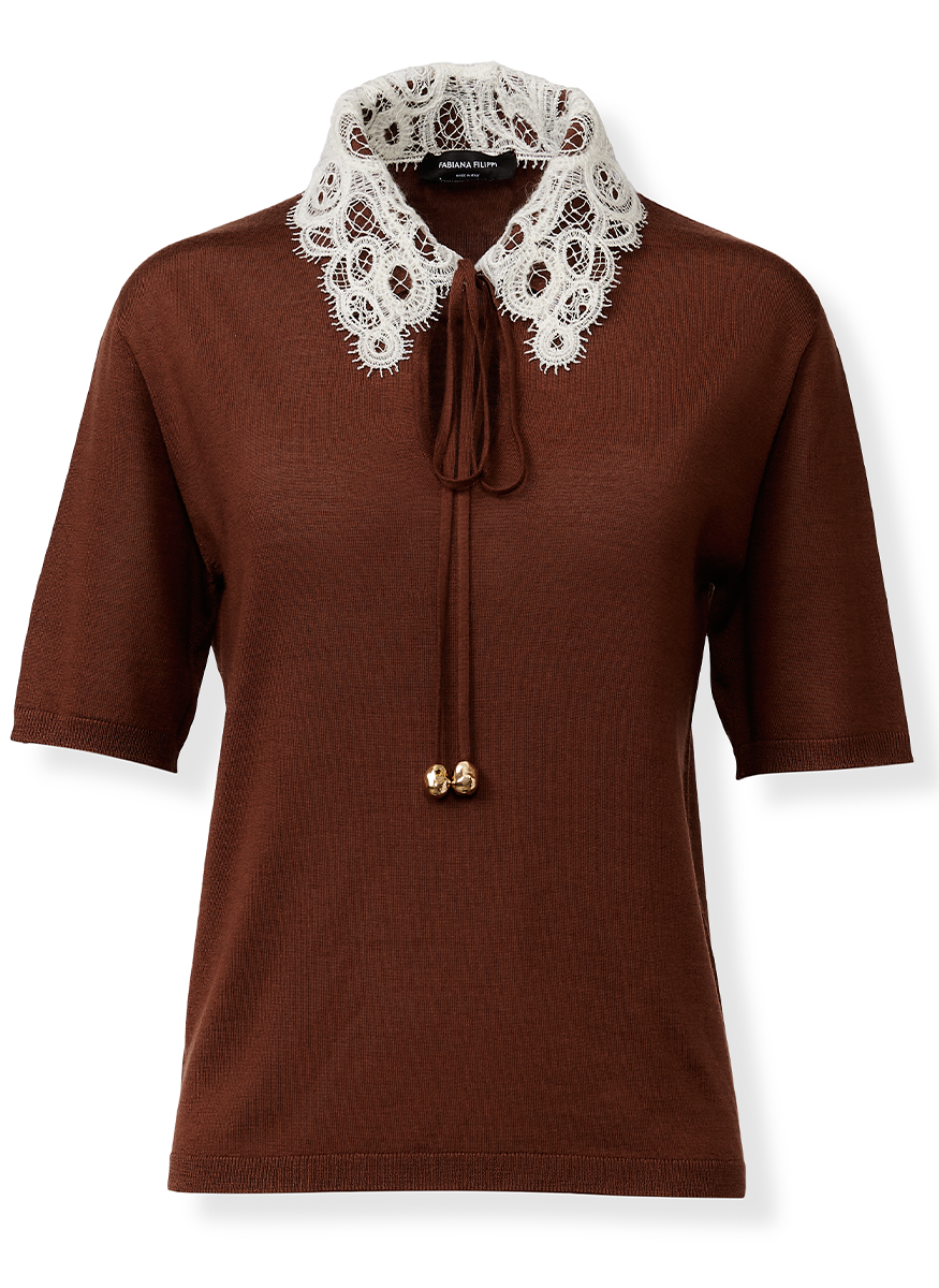 Cashmere Silk Polo with Lace Collar