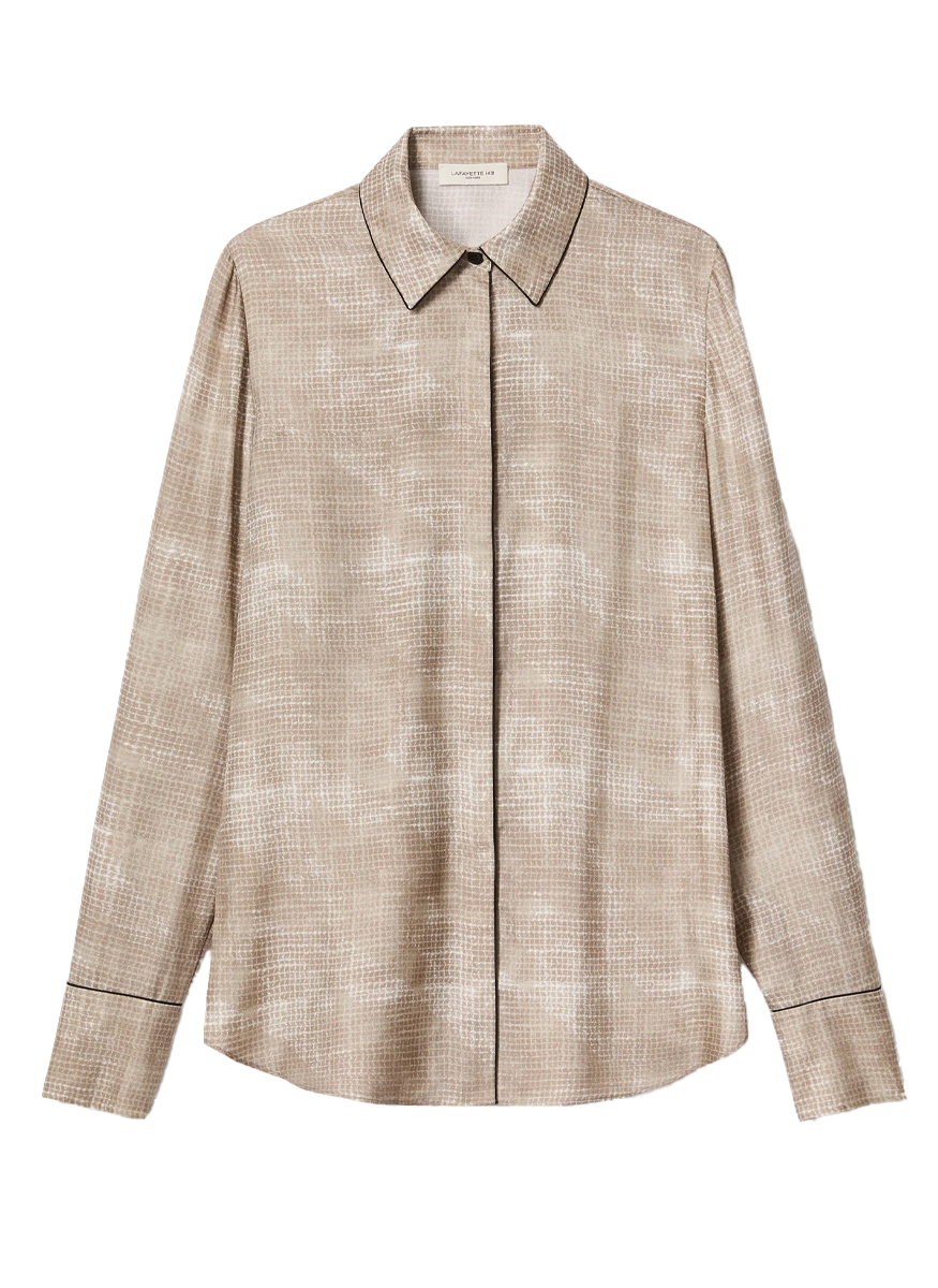 Scottie Blouse in Diffused Houndstooth Print Silk Twill