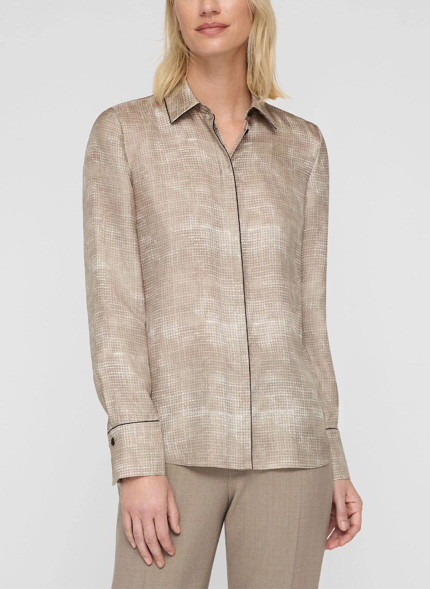 Scottie Blouse in Diffused Houndstooth Print Silk Twill