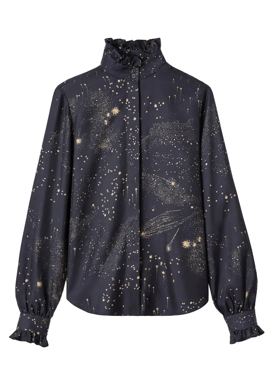 Cosmos Print Silk Twill Ruffle Blouse