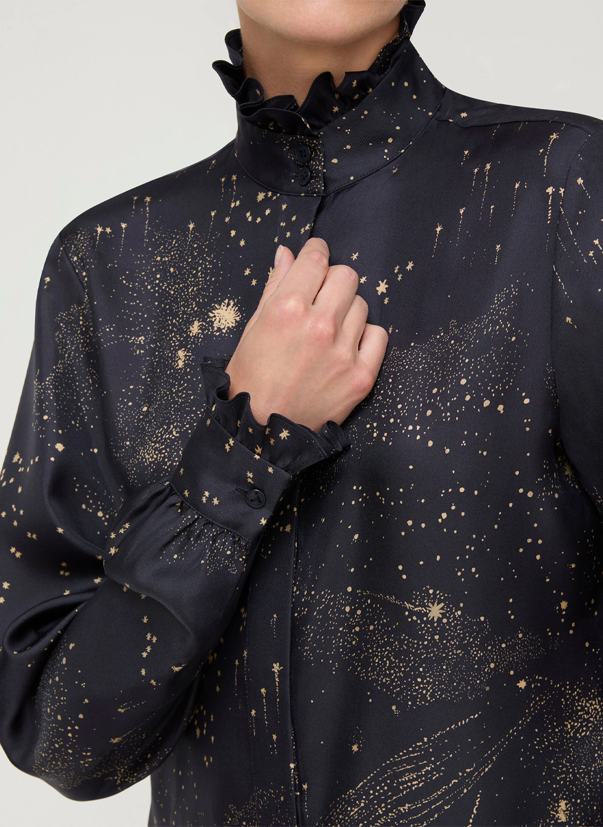 Cosmos Print Silk Twill Ruffle Blouse - Lafayette 148 New York