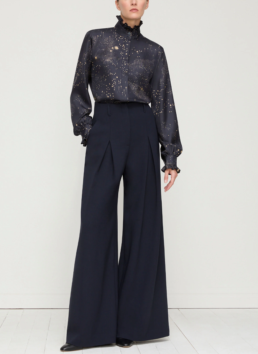 Cosmos Print Silk Twill Ruffle Blouse