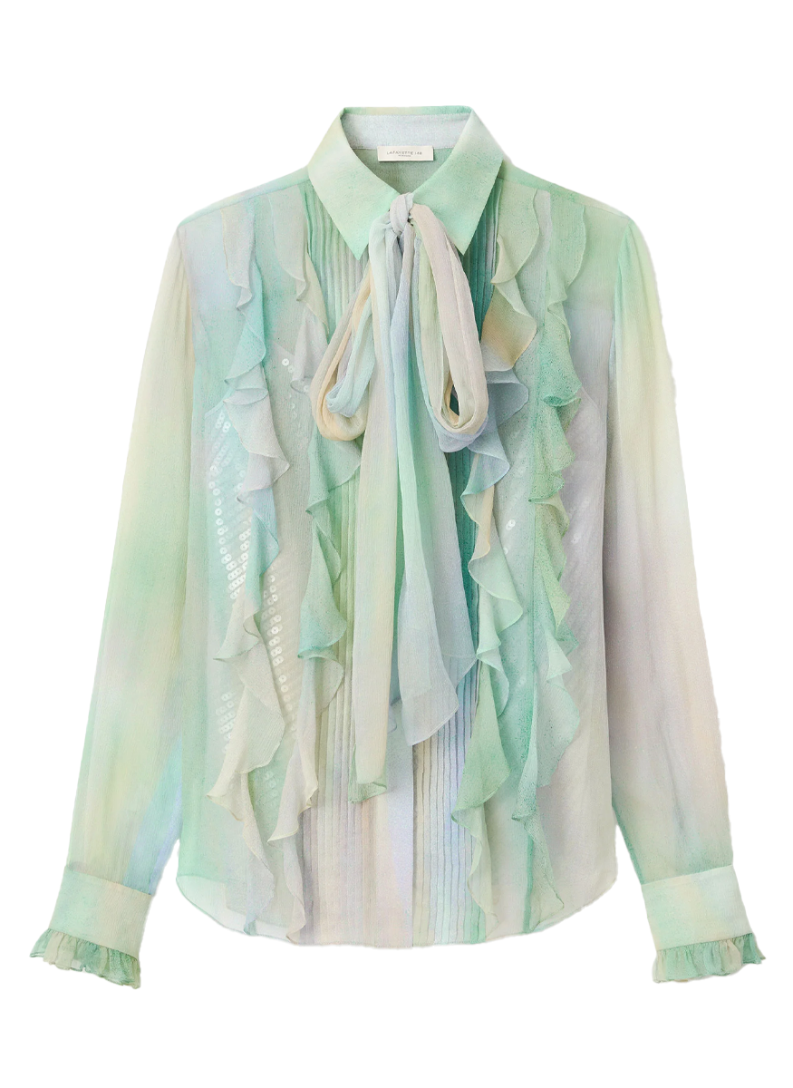 Aurora Print Silk Crépon Bow Blouse & Sequin Camisole