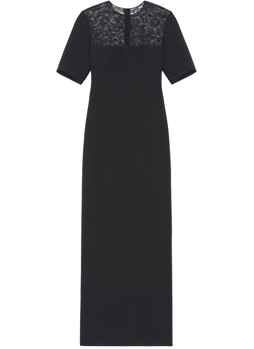 Wool-Silk Crepe Lace Yoke Sheath Dress