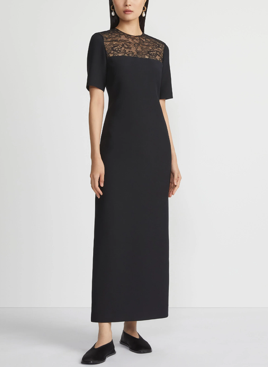 Wool-Silk Crepe Lace Yoke Sheath Dress