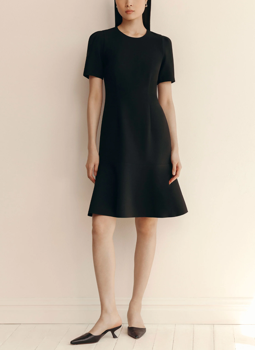 Wool-Silk Crepe Short Sleeve Dress