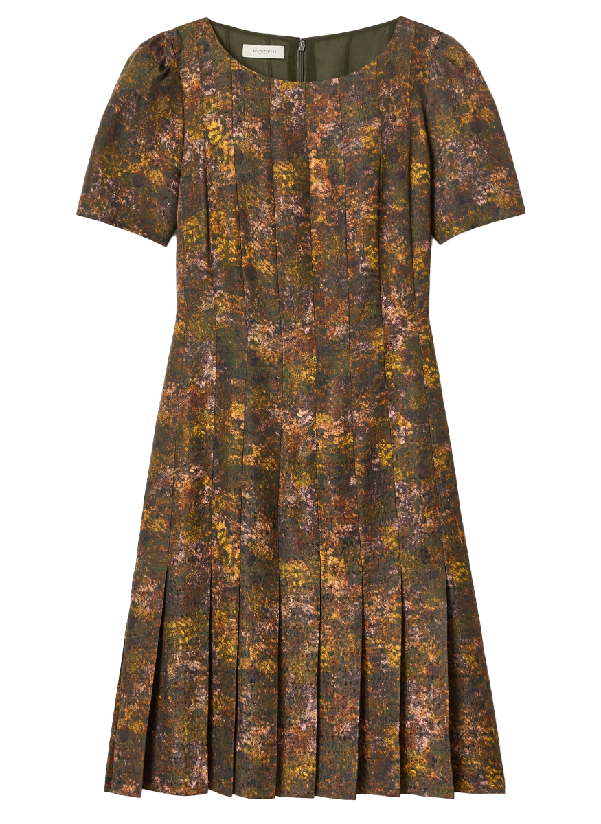 Impression Print Silk-Wool Hand Pleated Short Sleeve Dress