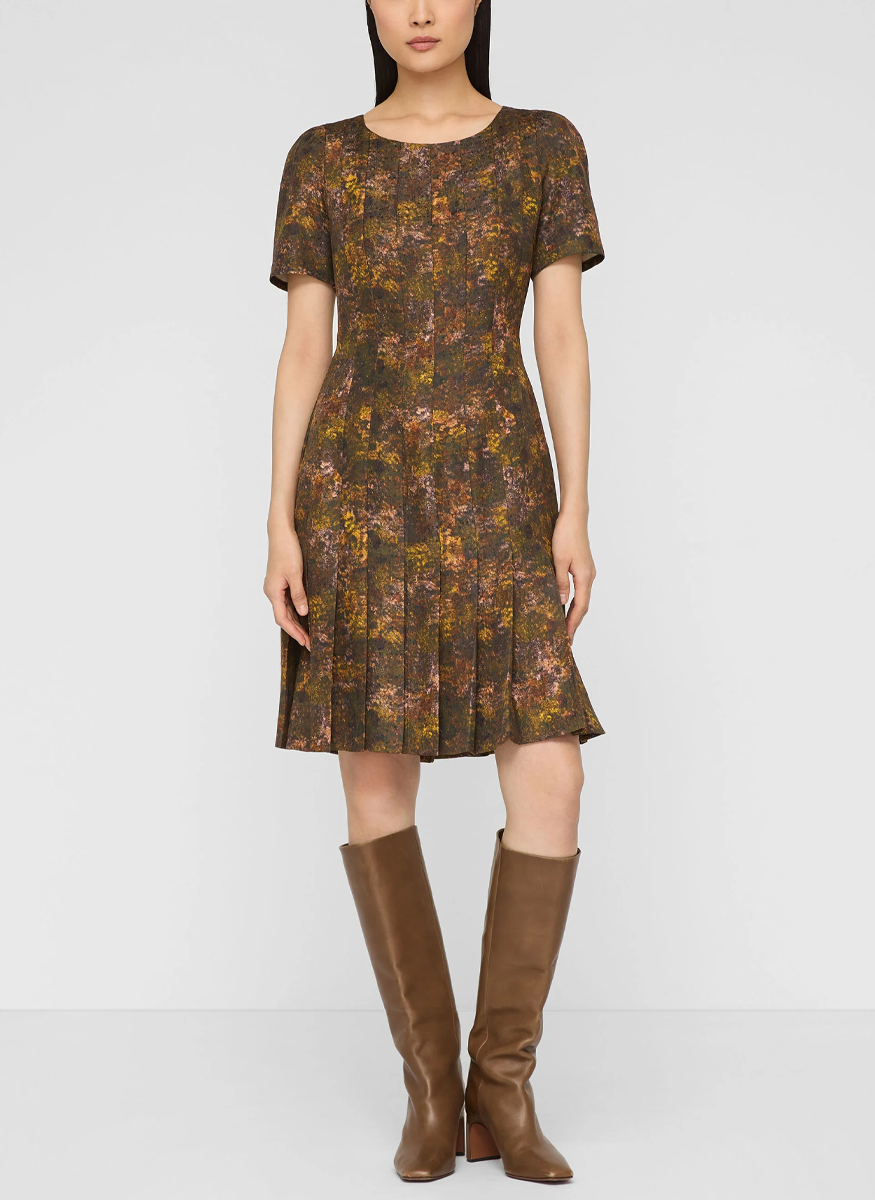 Impression Print Silk-Wool Hand Pleated Short Sleeve Dress