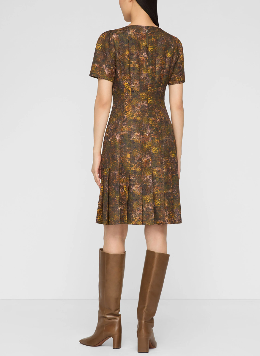 Impression Print Silk-Wool Hand Pleated Short Sleeve Dress - Lafayette 148 New York
