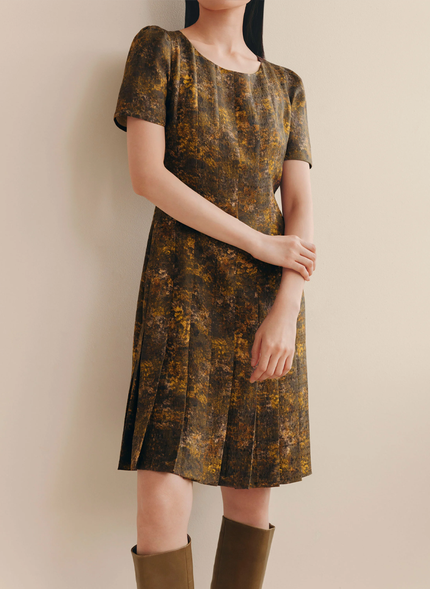 Impression Print Silk-Wool Hand Pleated Short Sleeve Dress - Lafayette 148 New York