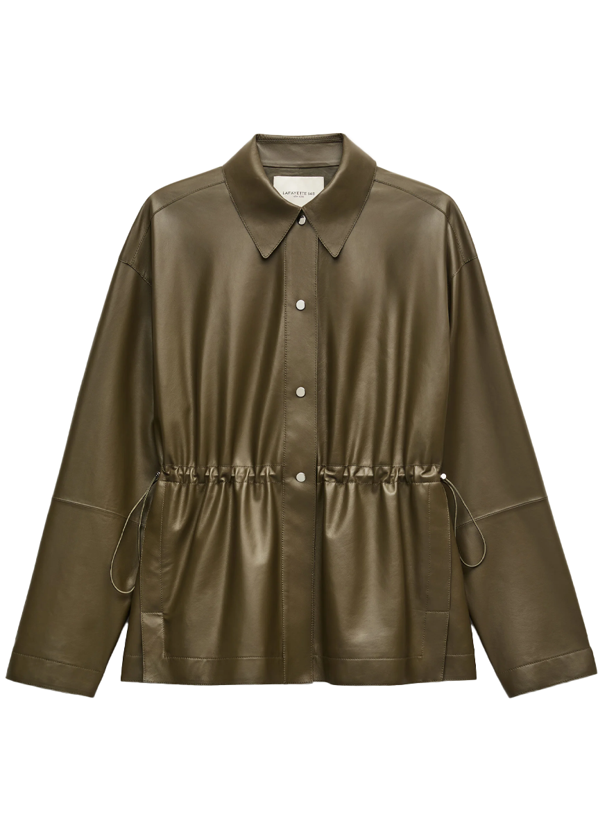 Lightweight Lambskin Leather Gathered Waist Oversized Jacket