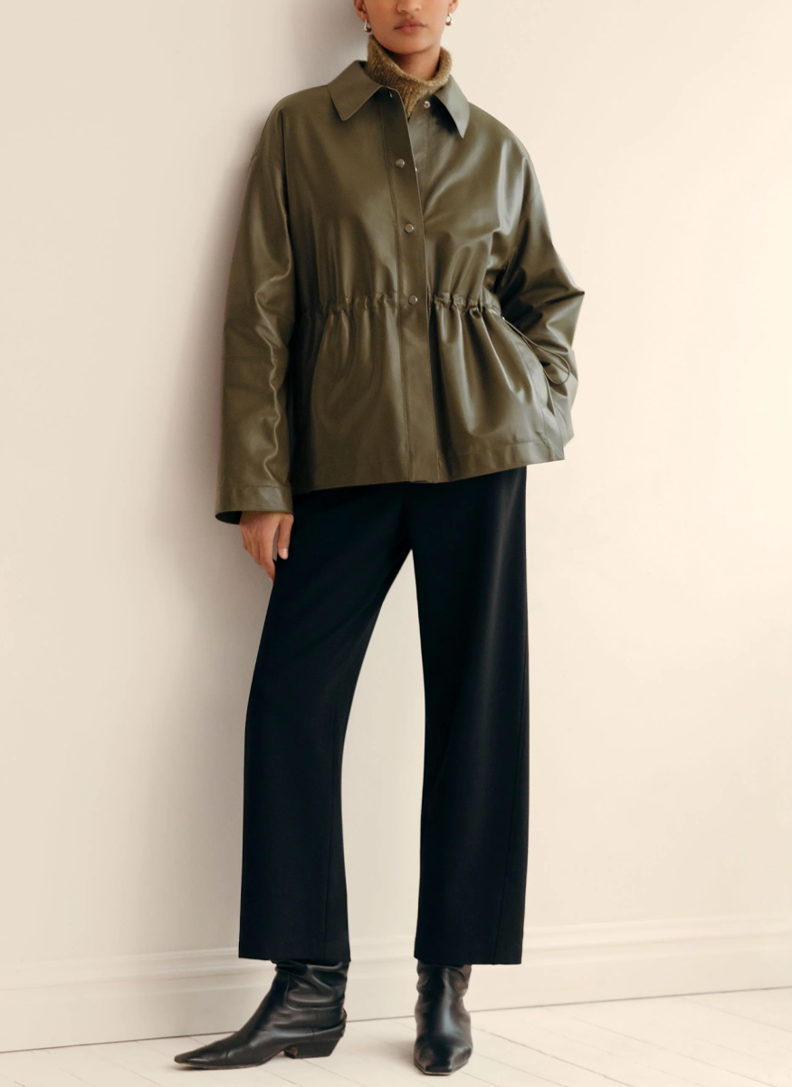 Lightweight Lambskin Leather Gathered Waist Oversized Jacket