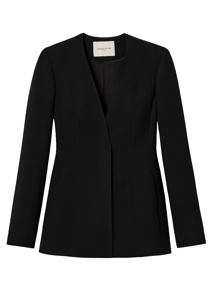 Wool-Silk Crepe Collarless Fitted Blazer