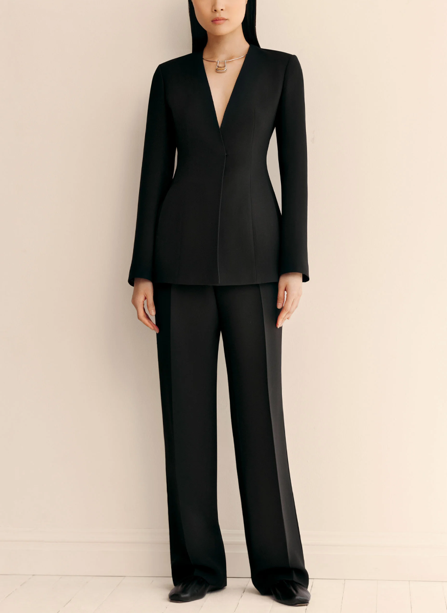 Wool-Silk Crepe Collarless Fitted Blazer
