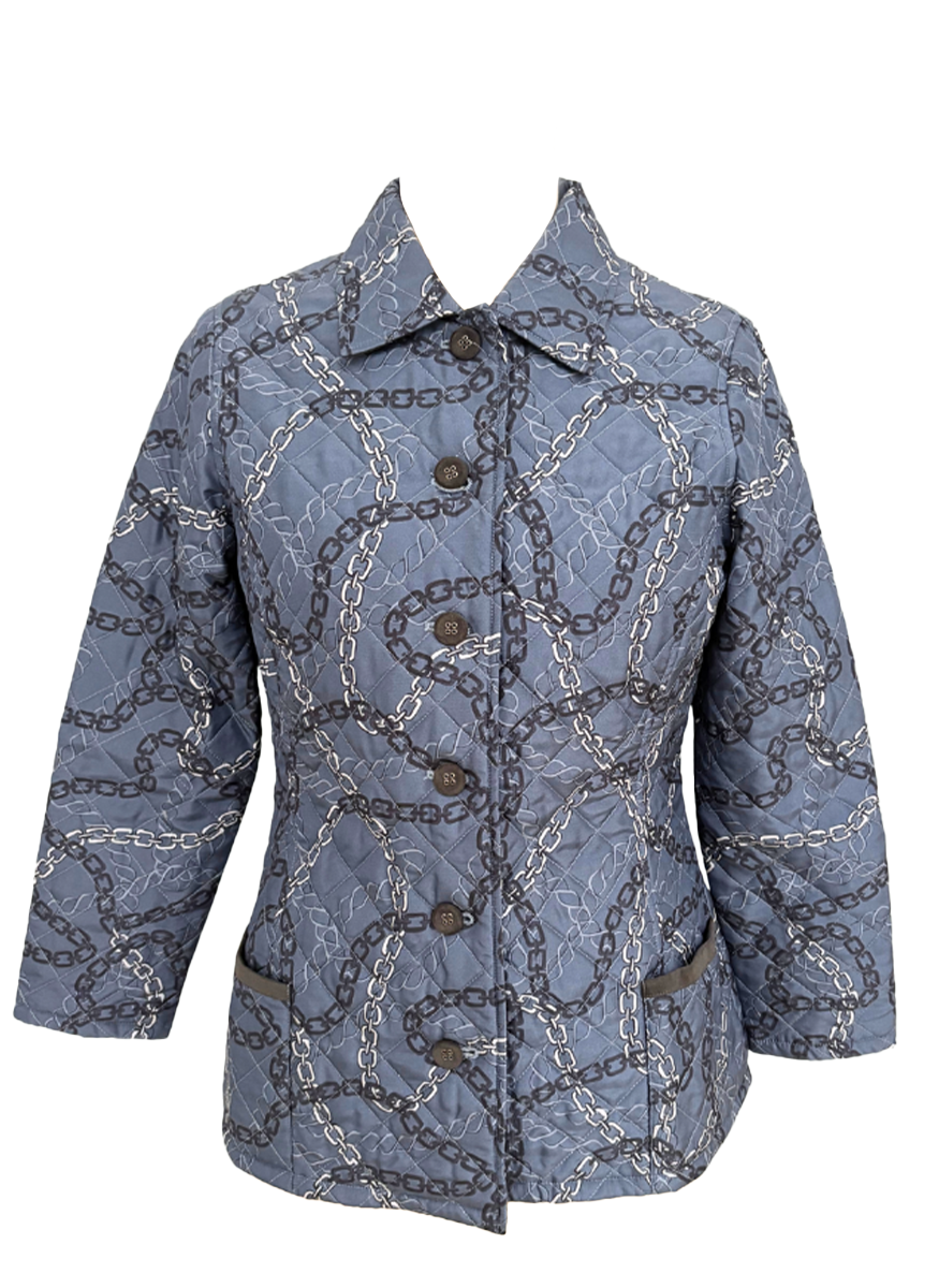 Silk Printed Quilted Jacket in Devon Blue