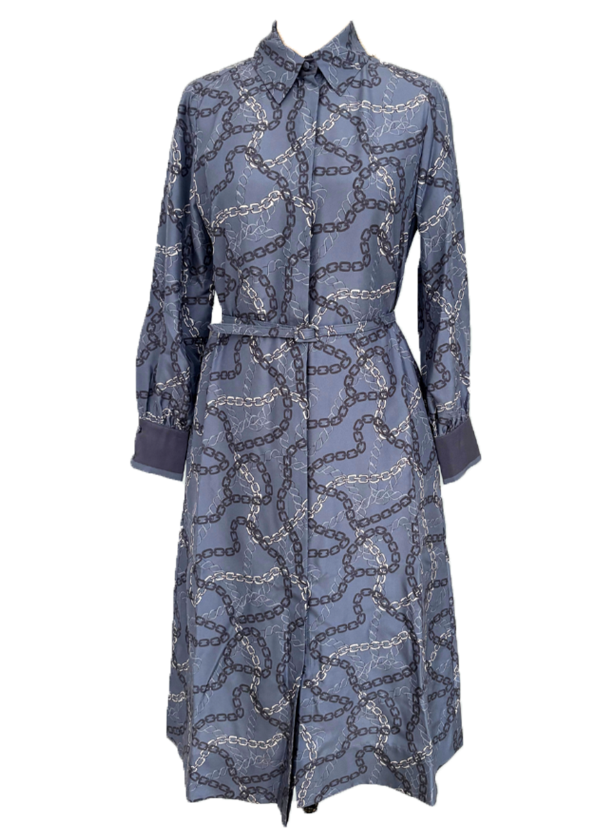 Silk Shirt Dress with Belt Print in Devon Blue