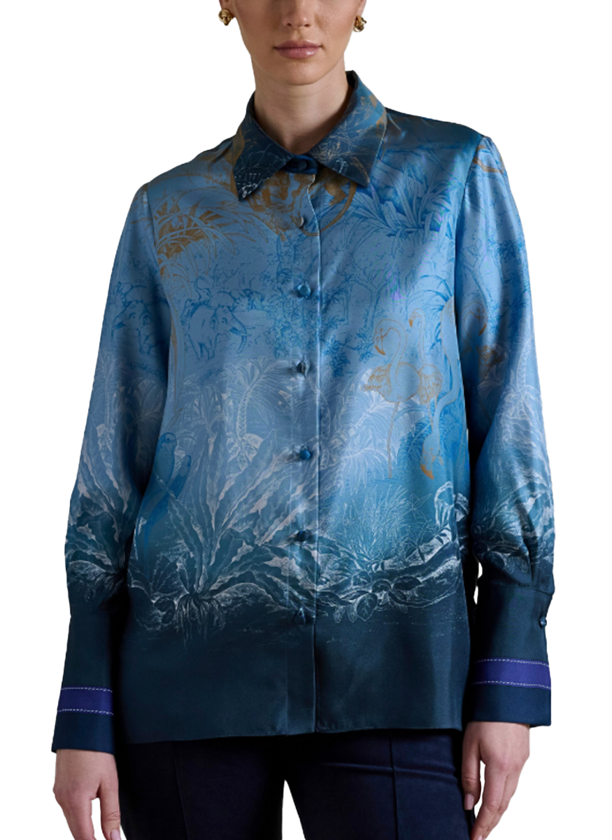 Printed Silk Shirt in Safari Blue