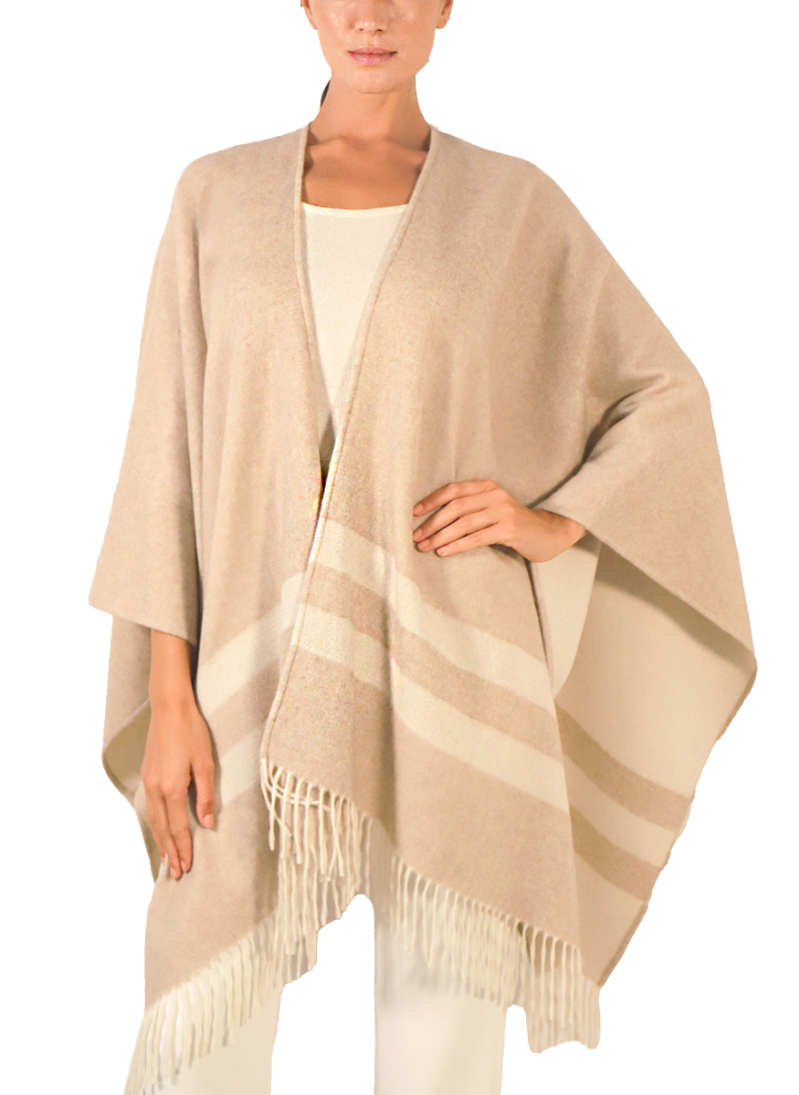 Double Face Fringe Reversible Shawl Cape in Ivory and Beige