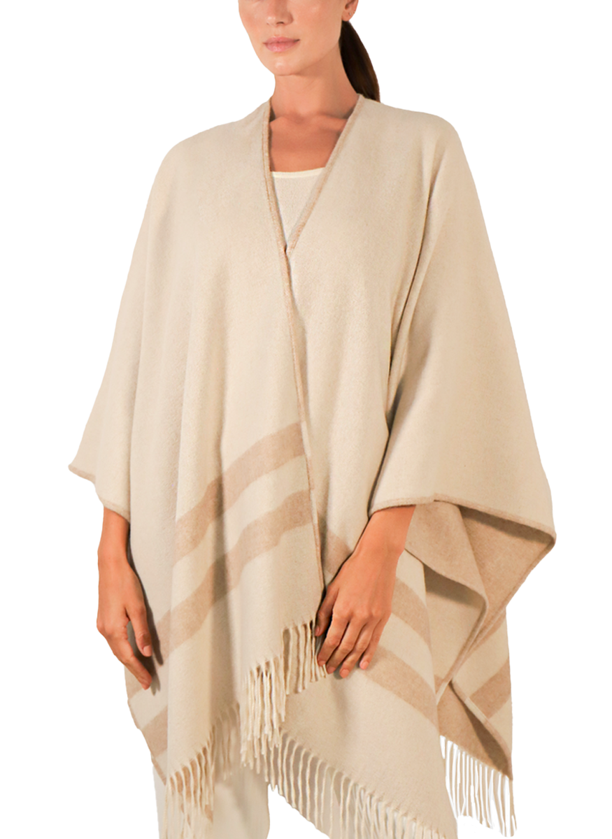Double Face Fringe Reversible Shawl Cape in Ivory and Beige
