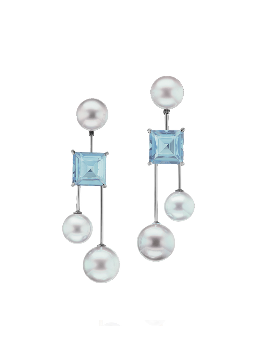 Modern Mobile South Sea Pearl and Aquamarine Earrings