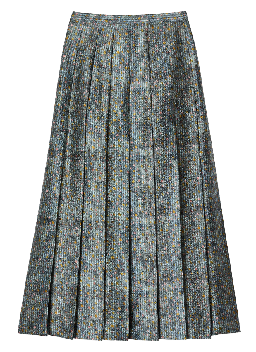 Textile Print Textured Silk Pleated Midi Skirt
