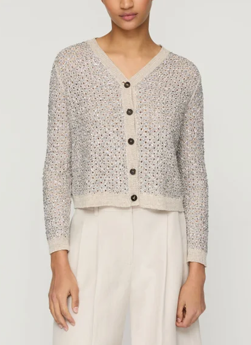 Metallic Linen-Silk Pointelle Cardigan