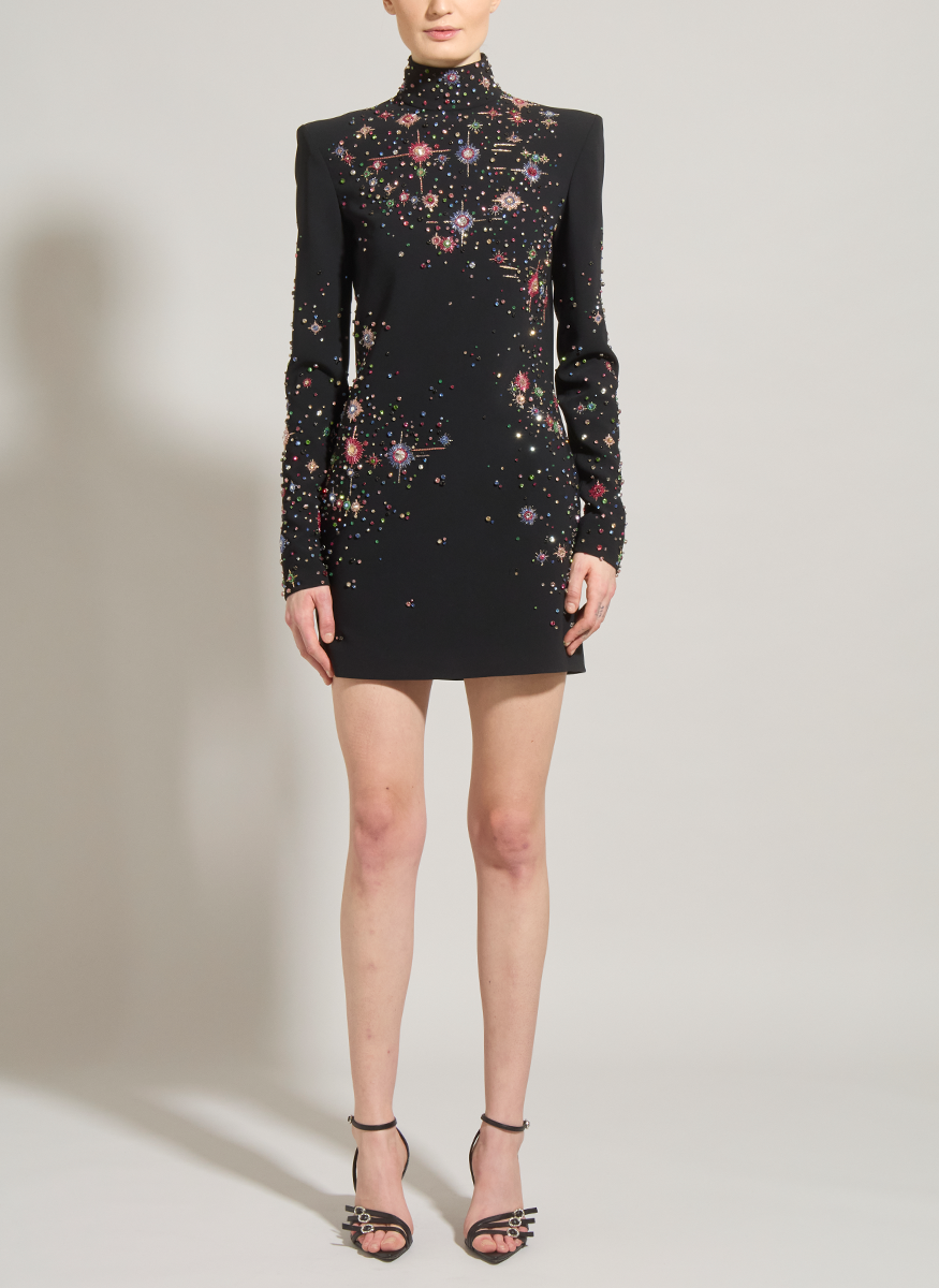 mini dress designer Embroidered Cady SILVER-SEQUIN Black and Pink Cocktail an exquisite blend of Color:Print